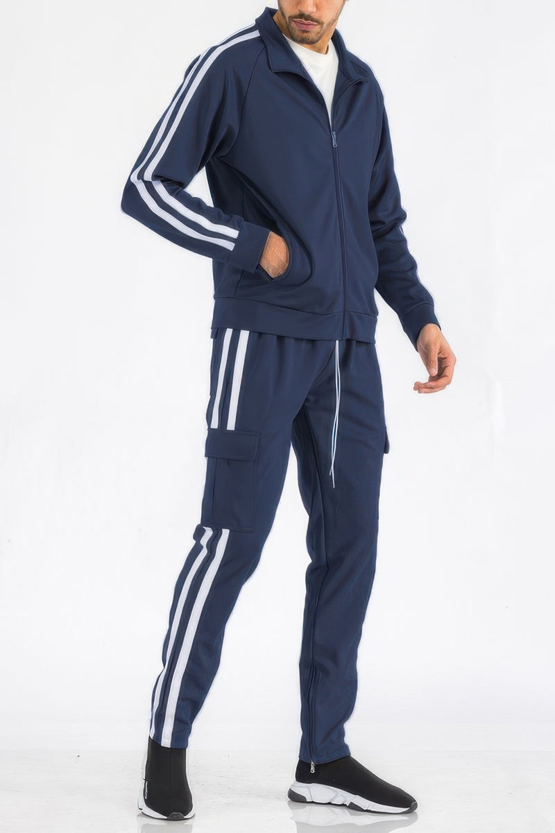 Men's Tracksuit by WEIV featuring a navy blue Two Stripe Utility Pocket Track Suit. Ideal for an active lifestyle, this stylish ensemble combines functionality with sporty elegance. Active, Activewear, Black lime, Black orange, Black red, Black white, Black yellow, CCPRODUCTS, Gift for Him, MENS, MENS SETS, Navy white, NEW ARRIVALS, Red white.