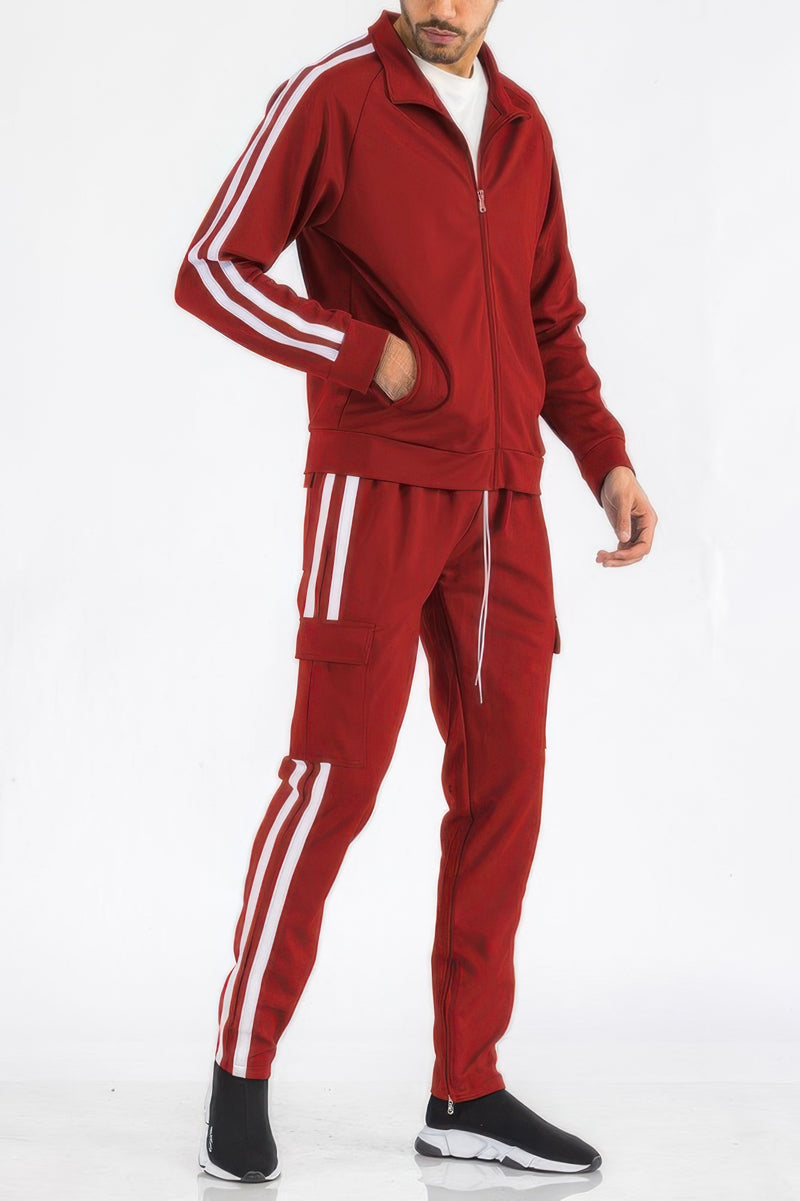 Men's Tracksuit by WEIV in striking red color, showcasing the Two Stripe Utility Pocket Track Suit. This set is perfect for active lifestyles, blending functionality with sporty aesthetics. Active, Activewear, Black lime, Black orange, Black red, Black white, Black yellow, CCPRODUCTS, Gift for Him, MENS, MENS SETS, Navy white, NEW ARRIVALS, Red white.