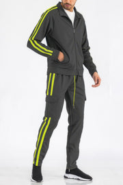 Men's Tracksuit by WEIV showcasing a charcoal grey design with bold lime stripes in the Two Stripe Utility Pocket Track Suit. Perfect for any active scenario, it offers a trendy and functional choice. Active, Activewear, Black lime, Black orange, Black red, Black white, Black yellow, CCPRODUCTS, Gift for Him, MENS, MENS SETS, Navy white, NEW ARRIVALS, Red white.
