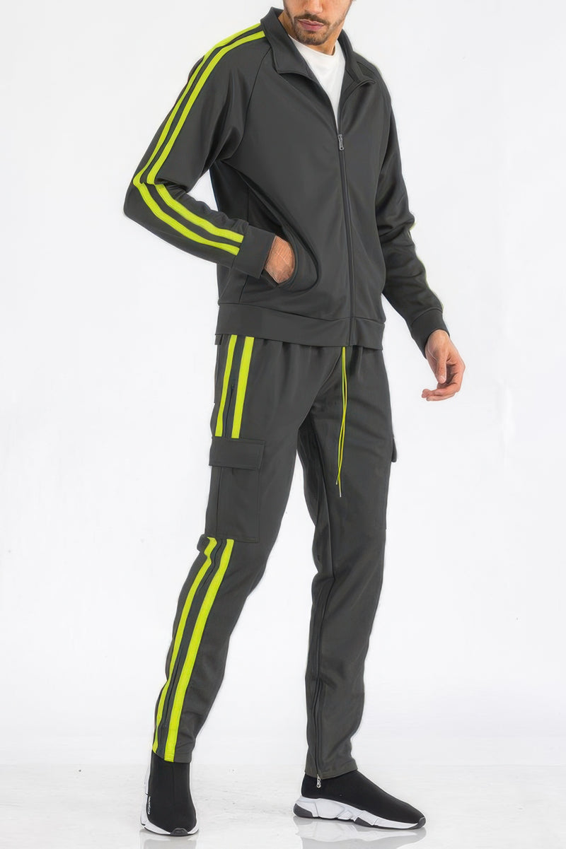 Men's Tracksuit by WEIV showcasing a charcoal grey design with bold lime stripes in the Two Stripe Utility Pocket Track Suit. Perfect for any active scenario, it offers a trendy and functional choice. Active, Activewear, Black lime, Black orange, Black red, Black white, Black yellow, CCPRODUCTS, Gift for Him, MENS, MENS SETS, Navy white, NEW ARRIVALS, Red white.