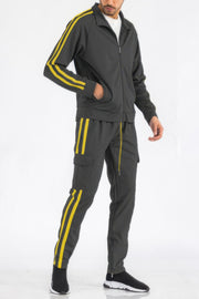 Men's Tracksuit by WEIV featuring a charcoal grey Two Stripe Utility Pocket Track Suit with contrasting yellow stripes. This outfit is perfect for those seeking comfort and modern style in their activewear choices. Active, Activewear, Black lime, Black orange, Black red, Black white, Black yellow, CCPRODUCTS, Gift for Him, MENS, MENS SETS, Navy white, NEW ARRIVALS, Red white.