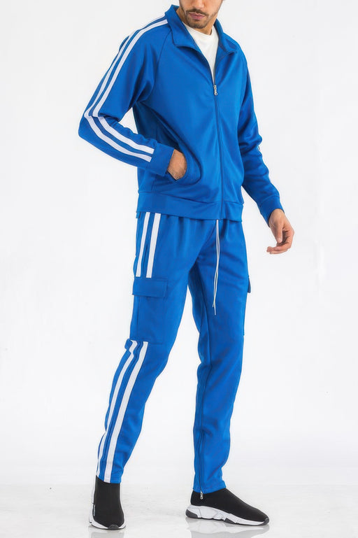 Men's Tracksuit by WEIV featuring a vibrant blue Two Stripe Utility Pocket Track Suit, designed for active moments. This activewear set combines comfort and style, ideal for sports or casual outings. Active, Activewear, Black lime, Black orange, Black red, Black white, Black yellow, CCPRODUCTS, Gift for Him, MENS, MENS SETS, Navy white, NEW ARRIVALS, Red white.