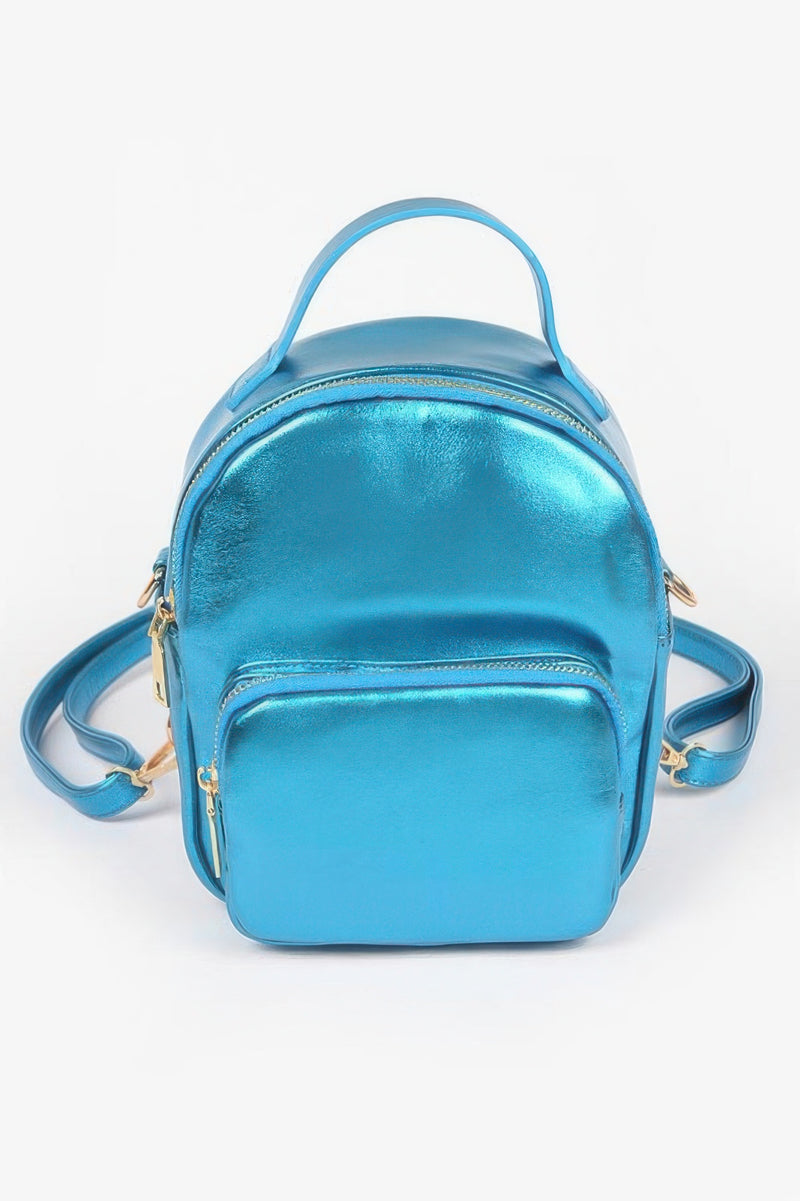 Blue metallic backpack from HD ACCESSORIES with a glossy finish, designed for style and practicality. This modern Backpack is perfect for carrying essentials, making it a must-have among metallic accessories for any occasion.