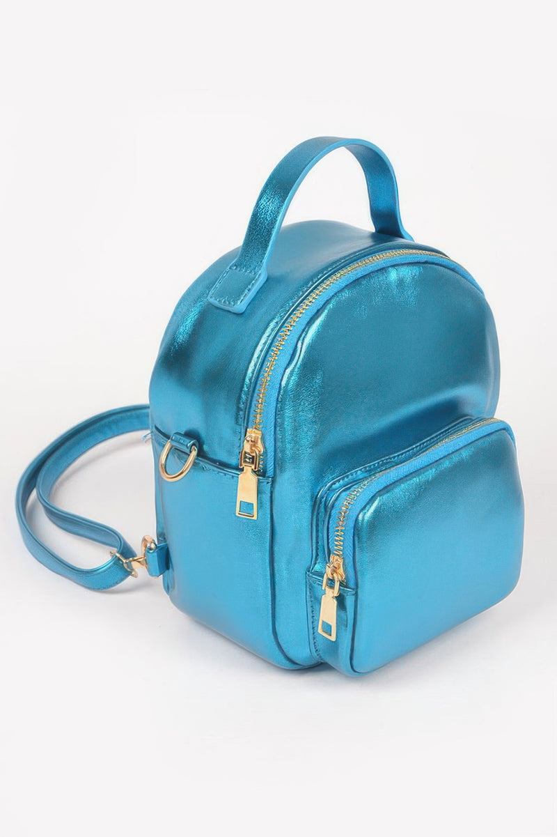 Side view of a blue metallic backpack by HD ACCESSORIES showcasing its structured design and practicality for daily use. This stylish Backpack stands out among #ACCESSORIES, combining chic aesthetics with functionality.