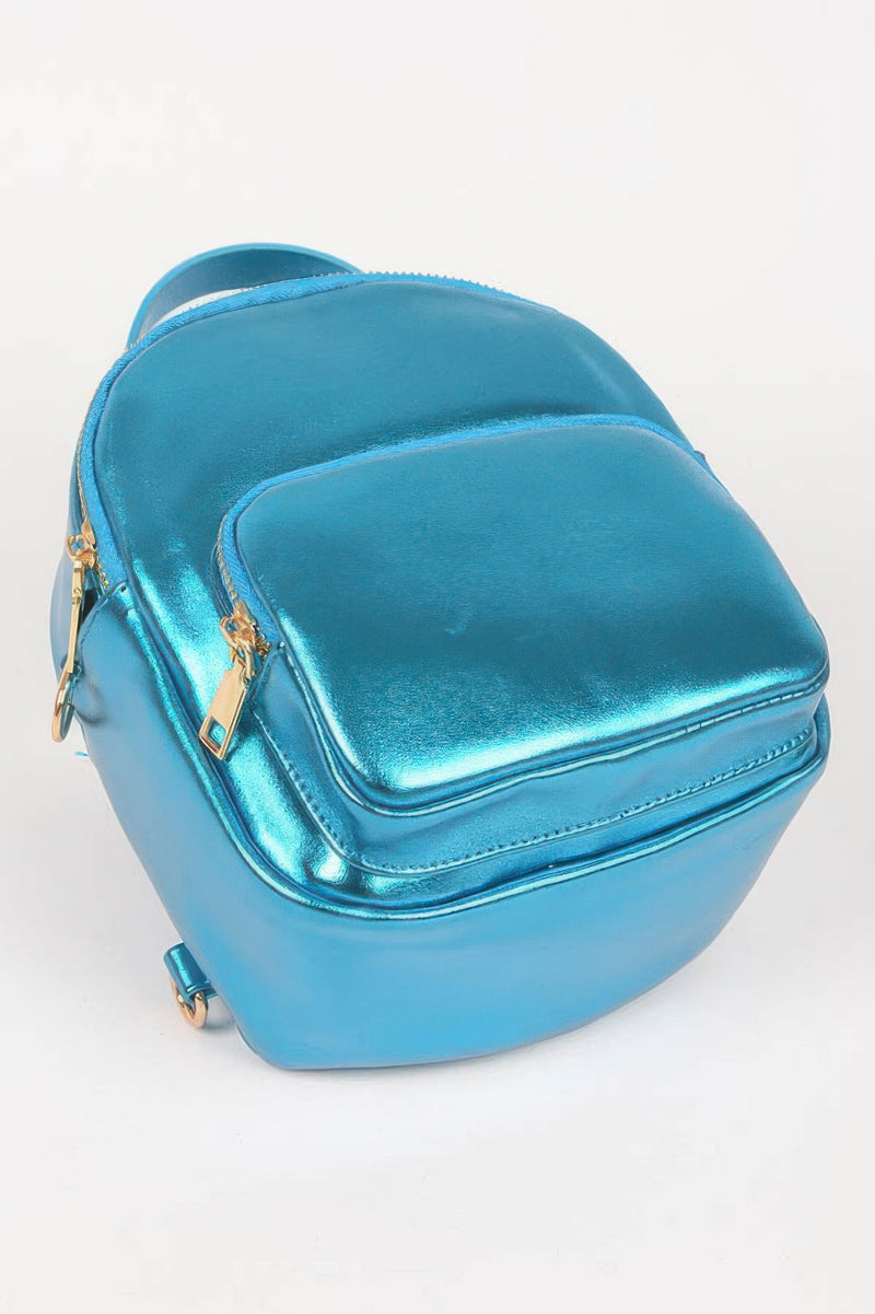 Close-up view of a blue metallic backpack by HD ACCESSORIES featuring multiple compartments. This functional Backpack combines style and convenience, making it a perfect addition to your collection of accessories.