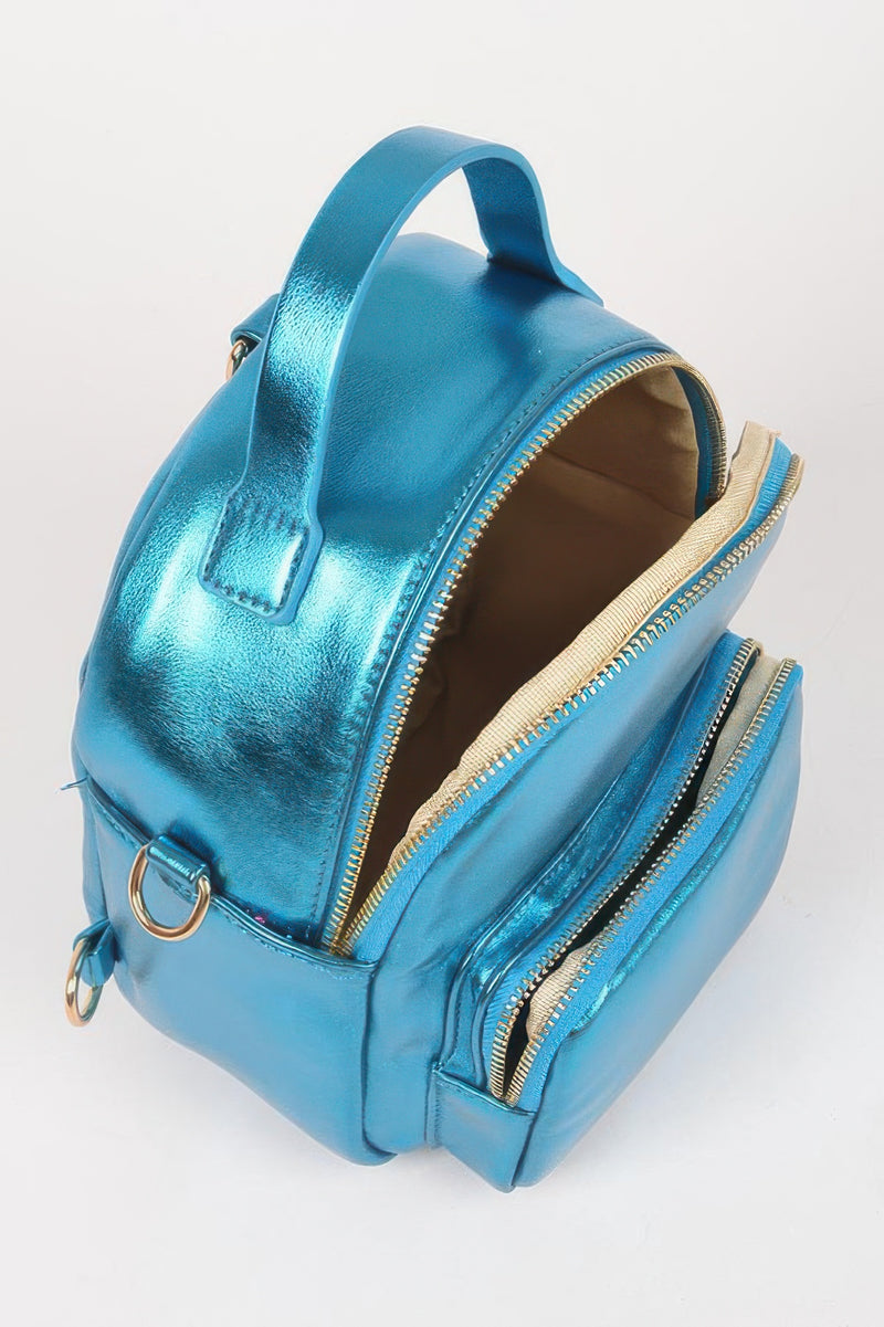 Open view of a blue metallic backpack from HD ACCESSORIES, highlighting its spacious interior. This versatile Backpack is ideal for travel or daily essentials, perfectly blending style and practicality in your accessory collection.