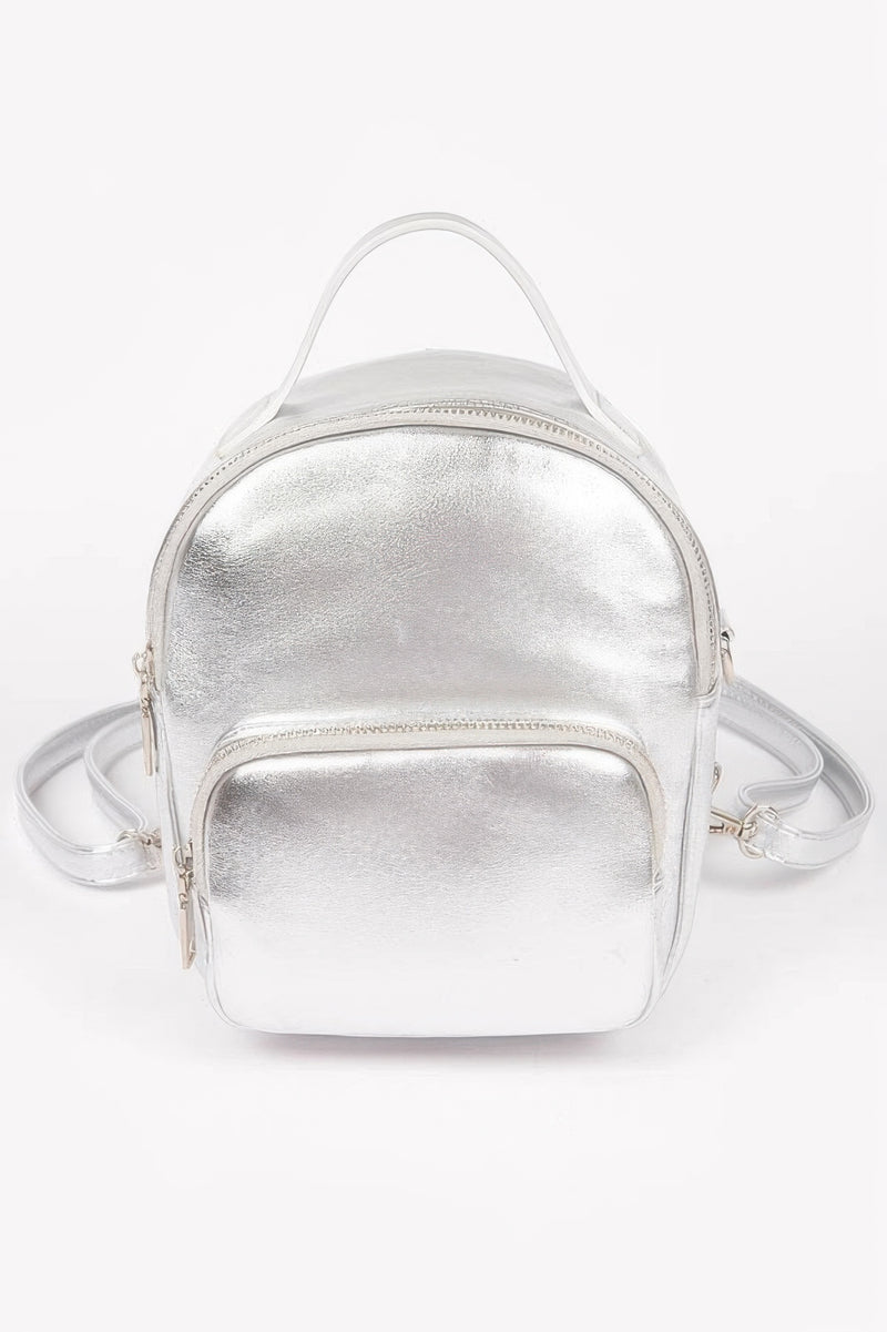 Shiny silver metallic backpack from HD ACCESSORIES, offering a modern edge to casual wear. This chic Backpack is designed for those who love to accessorize with a touch of shine. Explore our trendy NEW ARRIVALS!