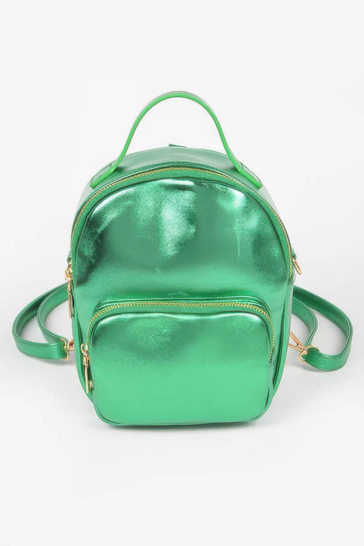 Green metallic backpack by HD ACCESSORIES, showcasing a modern design ideal for casual outings. This versatile Backpack combines functionality with style, making it a great addition to your collection of metallic accessories. Discover more NEW ARRIVALS!