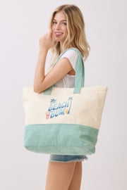 Model smiling while carrying the Beach Tote Bag in Green by HD ACCESSORIES, embodying the fun spirit of summer adventures. An essential addition to your accessory collection. ACCESSORIES, Beach Bum Tote Bag, Beach Tote Bag, Beach Tote Bag in Green, Beach Tote Bag in Green - Beach Bum, CCPRODUCTS, Green, Green Tote Bag, HANDBAGS, NEW ARRIVALS, Tote Bag.