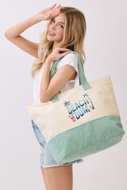 Model demonstrating the Beach Tote Bag in Green by HD ACCESSORIES, featuring a catchy 'BEACH BUM' design. Perfect for carrying beach gear with style. ACCESSORIES, Beach Bum Tote Bag, Beach Tote Bag, Beach Tote Bag in Green, Beach Tote Bag in Green - Beach Bum, CCPRODUCTS, Green, Green Tote Bag, HANDBAGS, NEW ARRIVALS, Tote Bag.