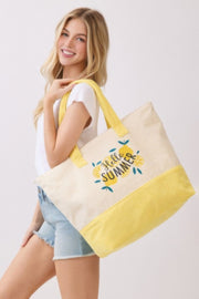 Joyful model holding the Beach Tote Bag in Yellow by HD ACCESSORIES, emblazoned with a 'Hello Summer' slogan, making it a trendy accessory for beach days and casual outings. Discover this new arrival.