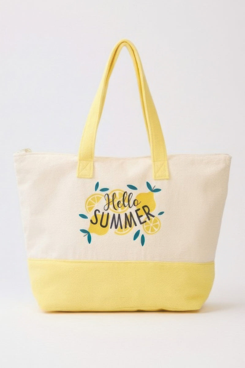 The Beach Tote Bag in Yellow by HD ACCESSORIES features a cheerful 'Hello Summer' slogan with lemon motifs, perfect for warm-weather outings. This stylish accessory is part of the new arrivals collection.
