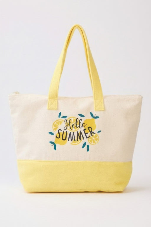 The Beach Tote Bag in Yellow by HD ACCESSORIES features a cheerful 'Hello Summer' slogan with lemon motifs, perfect for warm-weather outings. This stylish accessory is part of the new arrivals collection.