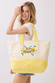 Product display of the Beach Tote Bag in Yellow by HD ACCESSORIES, equipped with comfortable handles and a vibrant design, perfect for summer outings. Explore this new arrival in the accessory line.
