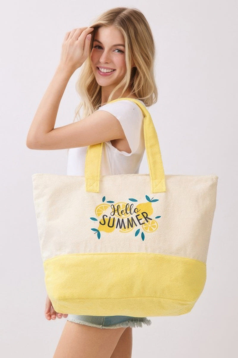 Product display of the Beach Tote Bag in Yellow by HD ACCESSORIES, equipped with comfortable handles and a vibrant design, perfect for summer outings. Explore this new arrival in the accessory line.