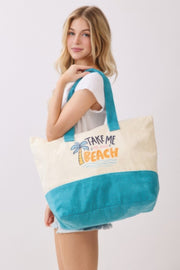 Model showcasing the Beach Tote Bag in Blue by HD ACCESSORIES, featuring the vibrant design 'Take Me To The Beach.' This spacious and stylish bag is ideal for beach outings and everyday errands, embodying the essence of summer and fun. The Beach Tote Bag in Blue highlights a relaxed aesthetic perfect for casual days out, combining style with convenience. Part of the HANDBAGS collection in the NEW ARRIVALS.