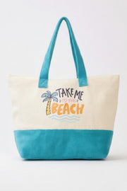 Beach Tote Bag in Blue from HD ACCESSORIES, featuring playful palm tree and wave graphic with the slogan 'Take Me To The Beach' on a canvas designed for summer outings. Perfect for beach trips, this Beach Tote Bag in Blue offers a spacious interior and a stylish look. Ideal for light summer essentials, this tote is part of the NEW ARRIVALS by Astral Signature, combining fashion with function. Suitable for all casual outings, including picnics and trips to the park.