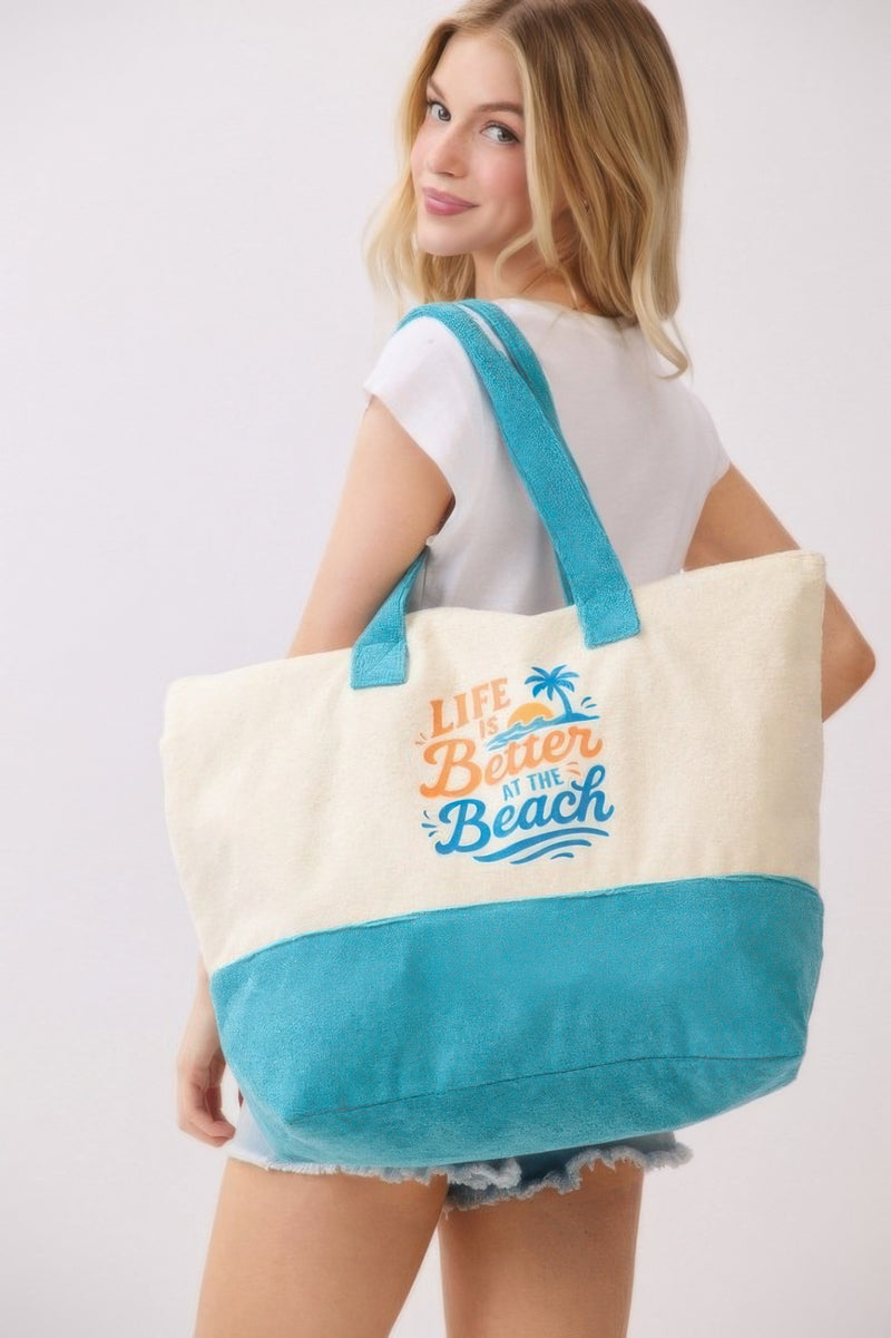 Back view of the Beach Tote Bag in Blue - Life Is Better At The Beach from HD ACCESSORIES, displaying its spacious design perfect for summer essentials. A perfect addition to your accessories, part of ACCESSORIES, Beach Tote Bag, Blue, CCPRODUCTS, HANDBAGS, NEW ARRIVALS, Tote Bag.