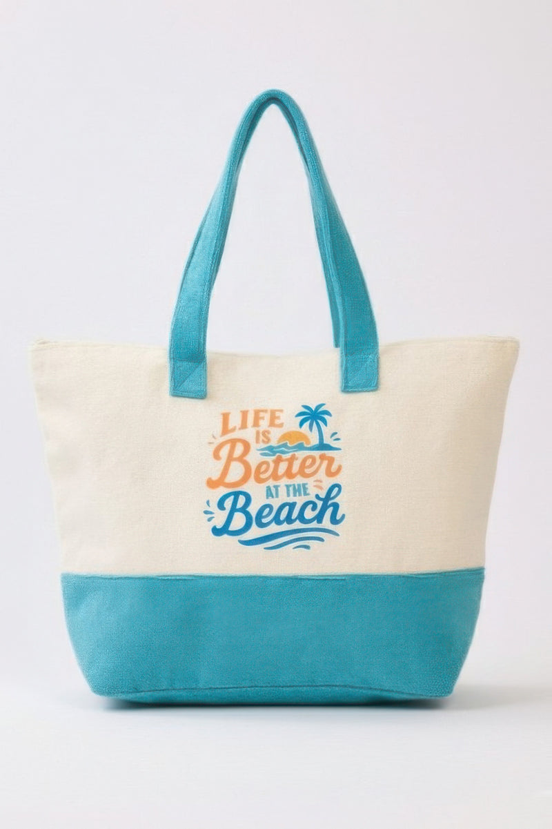 Beach Tote Bag in Blue - Life Is Better At The Beach by HD ACCESSORIES, showcasing a tiered design with a sunny palm tree graphic. Ideal for casual outings, categorized as ACCESSORIES, Beach Tote Bag, Blue, CCPRODUCTS, HANDBAGS, NEW ARRIVALS, Tote Bag.