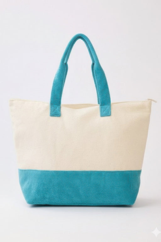 Rear view of the Beach Tote Bag in Blue - Life Is Better At The Beach from HD ACCESSORIES, highlighting its spacious design and terrycloth texture. Perfect for everyday use, included in ACCESSORIES, Beach Tote Bag, Blue, CCPRODUCTS, HANDBAGS, NEW ARRIVALS, Tote Bag.