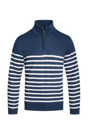 Astral Signature™ Quarter Zipper Pullover Sweater in blue and white stripes, featuring a stylish design perfect for men's outerwear. Ideal for casual wear with tags: Blue White, CCPRODUCTS, MENS, MENS OUTERWEAR, MENS TOPS, NEW ARRIVALS.