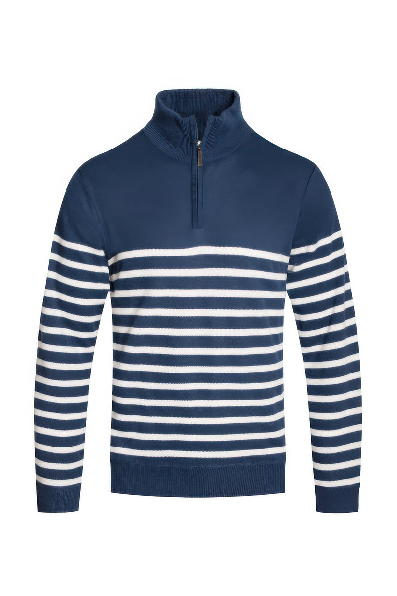 Astral Signature™ Quarter Zipper Pullover Sweater in blue and white stripes, featuring a stylish design perfect for men's outerwear. Ideal for casual wear with tags: Blue White, CCPRODUCTS, MENS, MENS OUTERWEAR, MENS TOPS, NEW ARRIVALS.