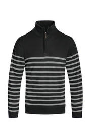 Astral Signature™ Quarter Zipper Pullover Sweater in black and grey stripes, offering a modern twist on classic outerwear for men. Great for stylish casual wear, tagged: Black Grey, CCPRODUCTS, MENS, MENS OUTERWEAR, MENS TOPS, NEW ARRIVALS.