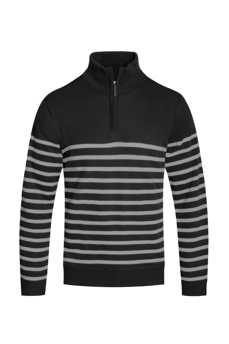 Astral Signature™ Quarter Zipper Pullover Sweater in black and grey stripes, offering a modern twist on classic outerwear for men. Great for stylish casual wear, tagged: Black Grey, CCPRODUCTS, MENS, MENS OUTERWEAR, MENS TOPS, NEW ARRIVALS.