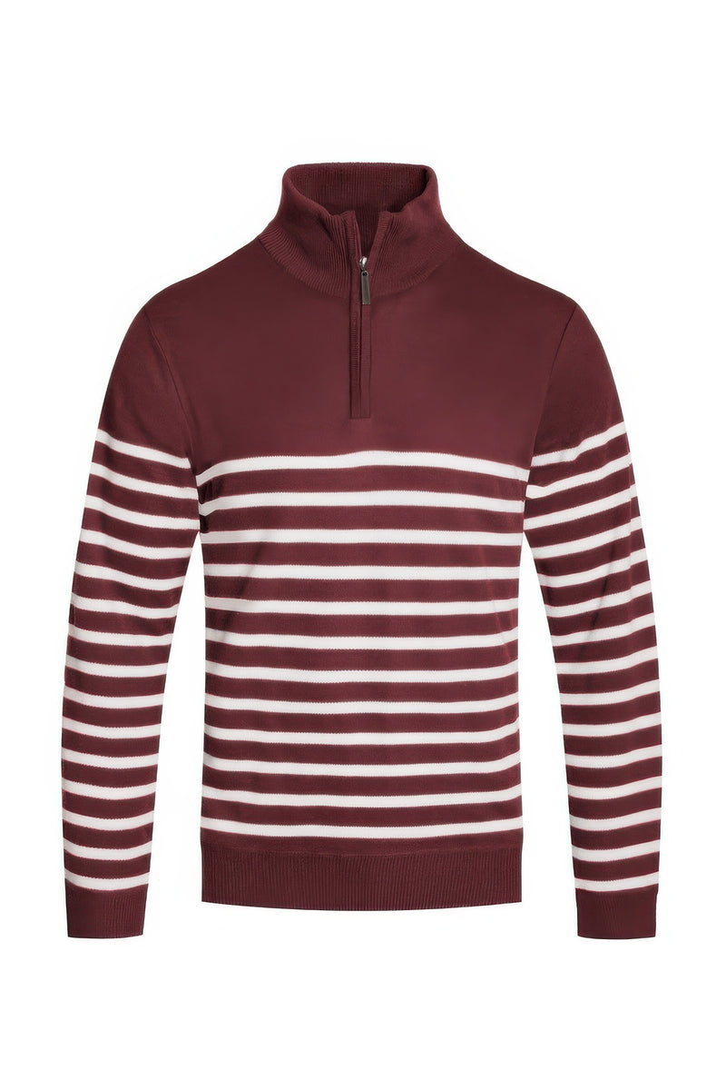 Astral Signature™ Quarter Zipper Pullover Sweater in burgundy and white stripes, combining sporty style with comfort for the modern man. Perfect for everyday outfits, tagged: Burgundy White, CCPRODUCTS, MENS, MENS OUTERWEAR, MENS TOPS, NEW ARRIVALS.