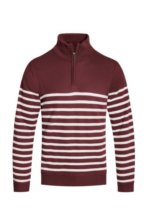 Astral Signature™ Quarter Zipper Pullover Sweater in burgundy and white stripes, combining sporty style with comfort for the modern man. Perfect for everyday outfits, tagged: Burgundy White, CCPRODUCTS, MENS, MENS OUTERWEAR, MENS TOPS, NEW ARRIVALS.