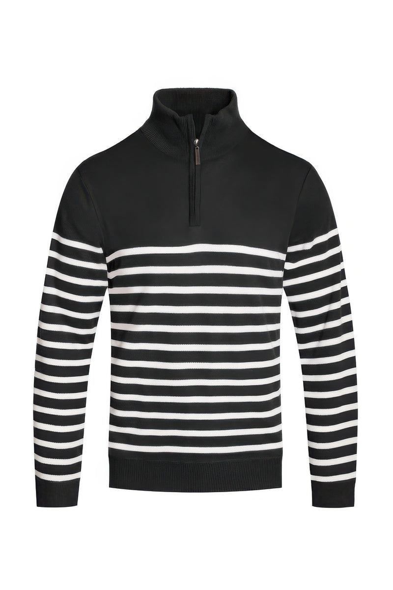 Astral Signature™ Quarter Zipper Pullover Sweater featuring a sleek black and white striped design, ideal for adding a sporty edge to any outfit. Perfect for layering, tagged: Black White, CCPRODUCTS, MENS, MENS OUTERWEAR, MENS TOPS, NEW ARRIVALS.
