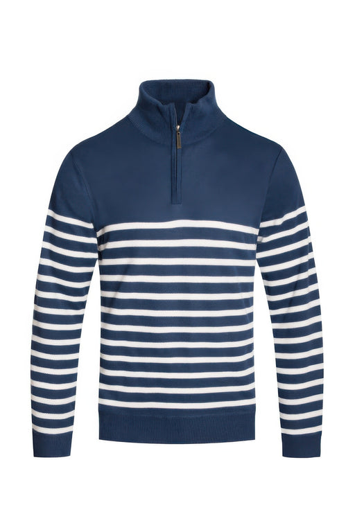 Astral Signature™ Quarter Zipper Pullover Sweater in blue and white stripes, featuring a stylish design perfect for men's outerwear. Ideal for casual wear with tags: Blue White, CCPRODUCTS, MENS, MENS OUTERWEAR, MENS TOPS, NEW ARRIVALS.