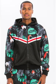 Close-up of a male model wearing the hooded jacket from the Printed Polyester Track Set for Men by Astral Signature™, emphasizing vibrant floral prints and athletic style. A versatile addition to your activewear wardrobe. Active, Activewear, Black, CCPRODUCTS, MENS, MENS SETS, NEW ARRIVALS, Track Set.