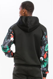 Back view of a male model in the Printed Polyester Track Set for Men by Astral Signature™, highlighting the floral sleeve design. Ideal for those seeking fashionable activewear. Active, Activewear, Black, CCPRODUCTS, MENS, MENS SETS, NEW ARRIVALS, Track Set.