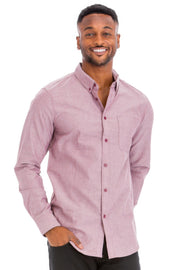 A man wearing a casual long sleeve shirt in Heather Burgundy from Astral Signature™, showcasing a refined look perfect for everyday wear. These Long Sleeve Shirts are ideal for layering or wearing solo, featuring a soft cotton-polyester blend. Available styles are part of the collection tagged as CCPRODUCTS, H.Burgundy, MENS, MENS TOPS, and NEW ARRIVALS.