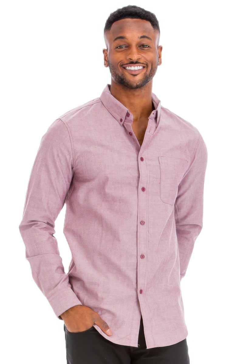 A man wearing a casual long sleeve shirt in Heather Burgundy from Astral Signature™, showcasing a refined look perfect for everyday wear. These Long Sleeve Shirts are ideal for layering or wearing solo, featuring a soft cotton-polyester blend. Available styles are part of the collection tagged as CCPRODUCTS, H.Burgundy, MENS, MENS TOPS, and NEW ARRIVALS.