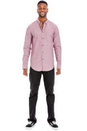 A man standing confidently in a Heather Burgundy long sleeve shirt from Astral Signature™, designed for versatile styling. This Long Sleeve Shirt is crafted for everyday comfort and includes a faux chest pocket detail. Part of the range tagged as CCPRODUCTS, H.Burgundy, MENS, MENS TOPS, and NEW ARRIVALS.