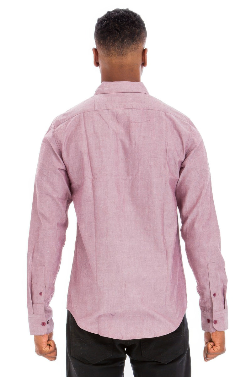 Back view of a man in a Heather Burgundy long sleeve shirt from Astral Signature™, demonstrating a stylish and modern design. This Long Sleeve Shirt combines minimalistic aesthetics with a comfortable cotton blend. Part of the collection under CCPRODUCTS, H.Burgundy, MENS, MENS TOPS, and NEW ARRIVALS.