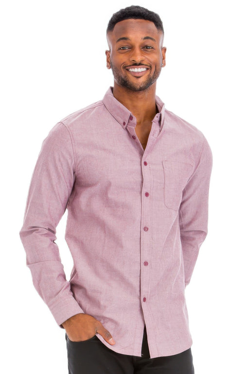 A man wearing a casual long sleeve shirt in Heather Burgundy from Astral Signature™, showcasing a refined look perfect for everyday wear. These Long Sleeve Shirts are ideal for layering or wearing solo, featuring a soft cotton-polyester blend. Available styles are part of the collection tagged as CCPRODUCTS, H.Burgundy, MENS, MENS TOPS, and NEW ARRIVALS.