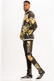 Side profile of a model in a Men's Sweat Set - Print Hoodie from Astral Signature, highlighting the unique floral print and modern silhouette. This activewear is perfect for relaxed weekends or casual outings. Keywords: active, Activewear, CCPRODUCTS, Men's Sweat Set, MENS, MENS SETS, Multi, NEW ARRIVALS, Print Hoodie.