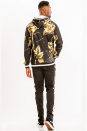 Back view of a model in a Men's Sweat Set - Print Hoodie by Astral Signature, featuring eye-catching rose patterns. This activewear ensemble is designed for versatility and comfort, ideal for casual outings. Keywords: active, Activewear, CCPRODUCTS, Men's Sweat Set, MENS, MENS SETS, Multi, NEW ARRIVALS, Print Hoodie.