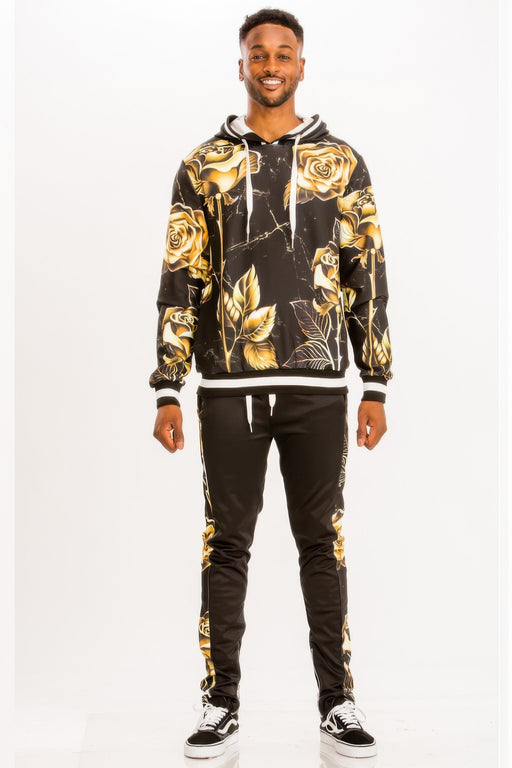 Model wearing a stylish Men's Sweat Set - Print Hoodie from Astral Signature, showcasing vibrant floral designs. Perfect for active lifestyles, this activewear set combines comfort and modern flair. Keywords: active, Activewear, CCPRODUCTS, Men's Sweat Set, MENS, MENS SETS, Multi, NEW ARRIVALS, Print Hoodie.