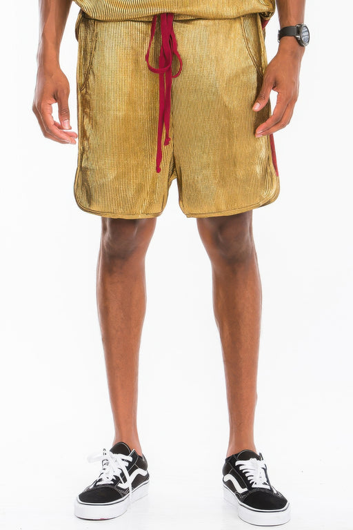 Men's Shorts - Metallic Flick Style featuring a relaxed fit and metallic gold color, perfect for activewear, designed by Astral Signature™. Ideal for casual outings and gym sessions. Active, Activewear, Black/red, CCPRODUCTS, Gold, MENS, MENS BOTTOMS, NEW ARRIVALS.