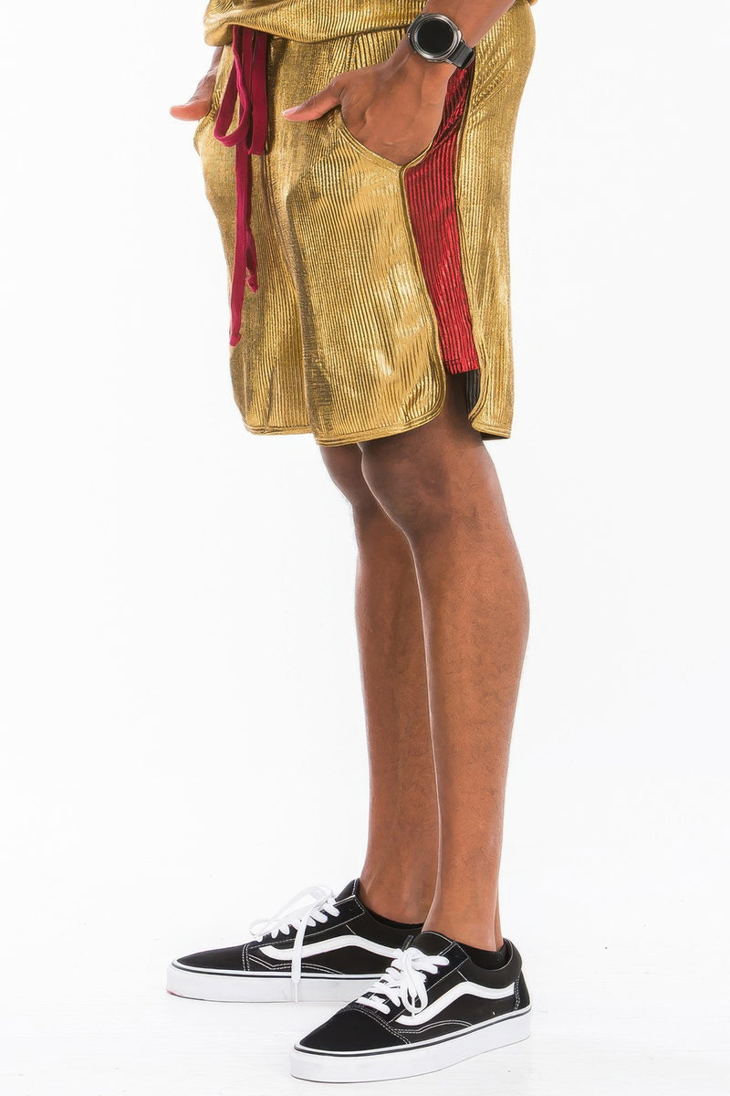 Side view of Men's Shorts - Metallic Flick Style in gold with metallic details, perfect for casual wear or workouts. Created by Astral Signature™ for confident style. Active, Activewear, Black/red, CCPRODUCTS, Gold, MENS, MENS BOTTOMS, NEW ARRIVALS.