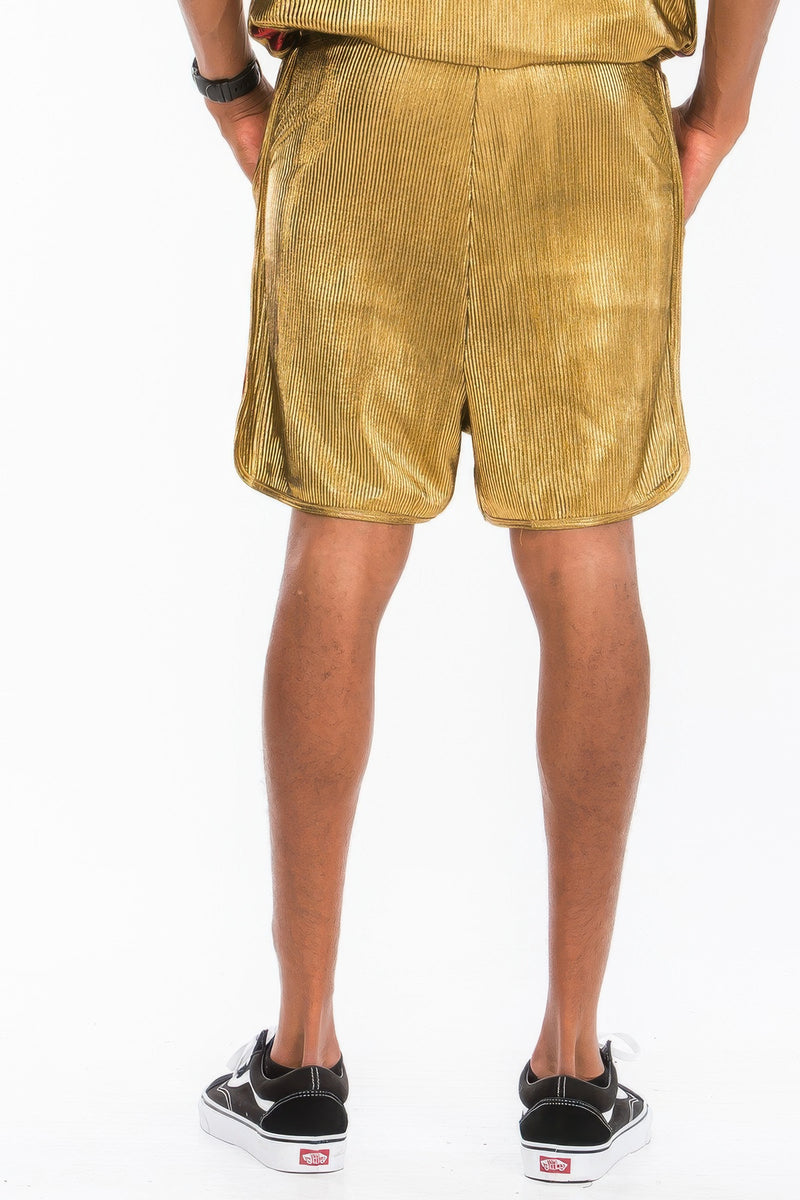 Back view of Men's Shorts - Metallic Flick Style in gold, emphasizing the stylish and relaxed fit for summer activities. Designed by Astral Signature™, ideal for both gym and casual outings. Active, Activewear, Black/red, CCPRODUCTS, Gold, MENS, MENS BOTTOMS, NEW ARRIVALS.