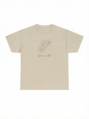 Front view of the Giovanni Reni Floral Script Tee, 'Guerrera Rosa', featuring a minimal flower graphic, categorized as a Women’s Relaxed Tee by Astral Signature.