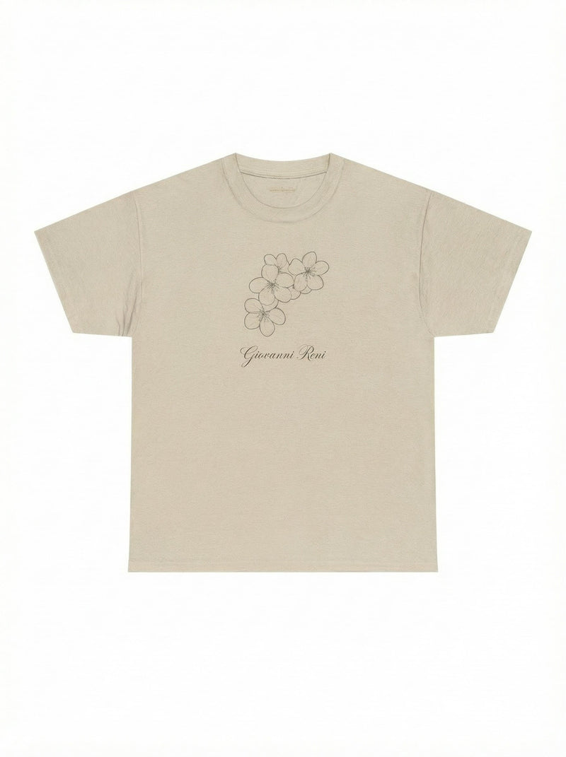 Front view of the Giovanni Reni Floral Script Tee, 'Guerrera Rosa', featuring a minimal flower graphic, categorized as a Women’s Relaxed Tee by Astral Signature.