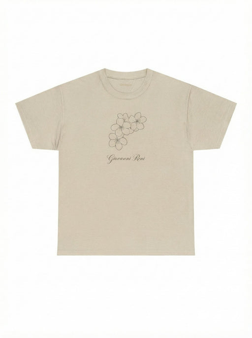 Front view of the Giovanni Reni Floral Script Tee, 'Guerrera Rosa', featuring a minimal flower graphic, categorized as a Women’s Relaxed Tee by Astral Signature.
