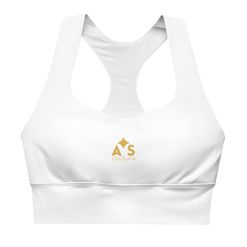Close-up of the front of the Astral Signature Longline Sports Bra, emphasizing the high-quality fabric and logo, designed for sports and active lifestyles.