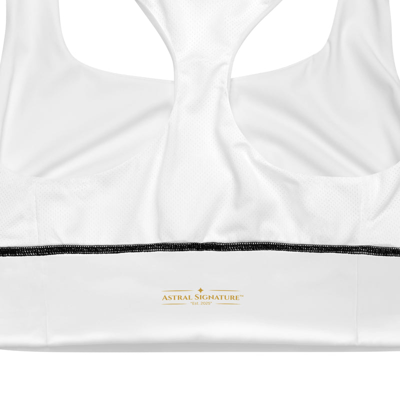 Detailed view of the back of the Astral Signature Longline Sports Bra, showcasing its supportive structure and breathable mesh lining, perfect for activewear.